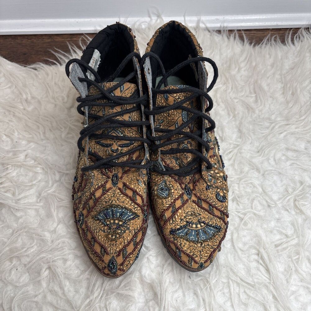 Women’s Beaded Paisley Textile Lace Up Shoes Boho Embroidered Indonesia Fits 8